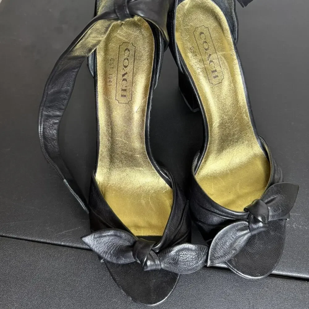 Coach Black Leather Peep-Toe Heels, Ankle Tie, 3.5